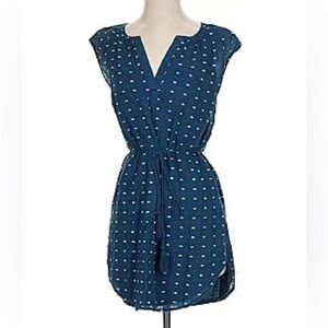 Loft Blue/White Slub Cotton Sleeveless V-Neck Rounded Hem Tie Dress NWT S XSP